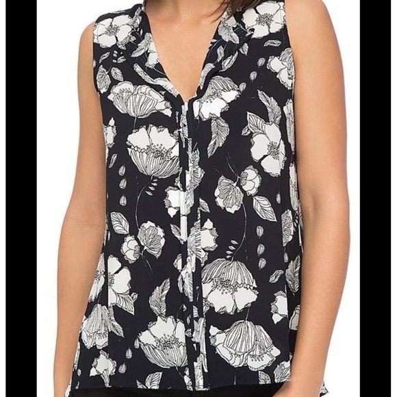 New w/tag! BOBEAU Size Small Navy Moth Orchid Print Box Pleated Office Blouse - Picture 1 of 11